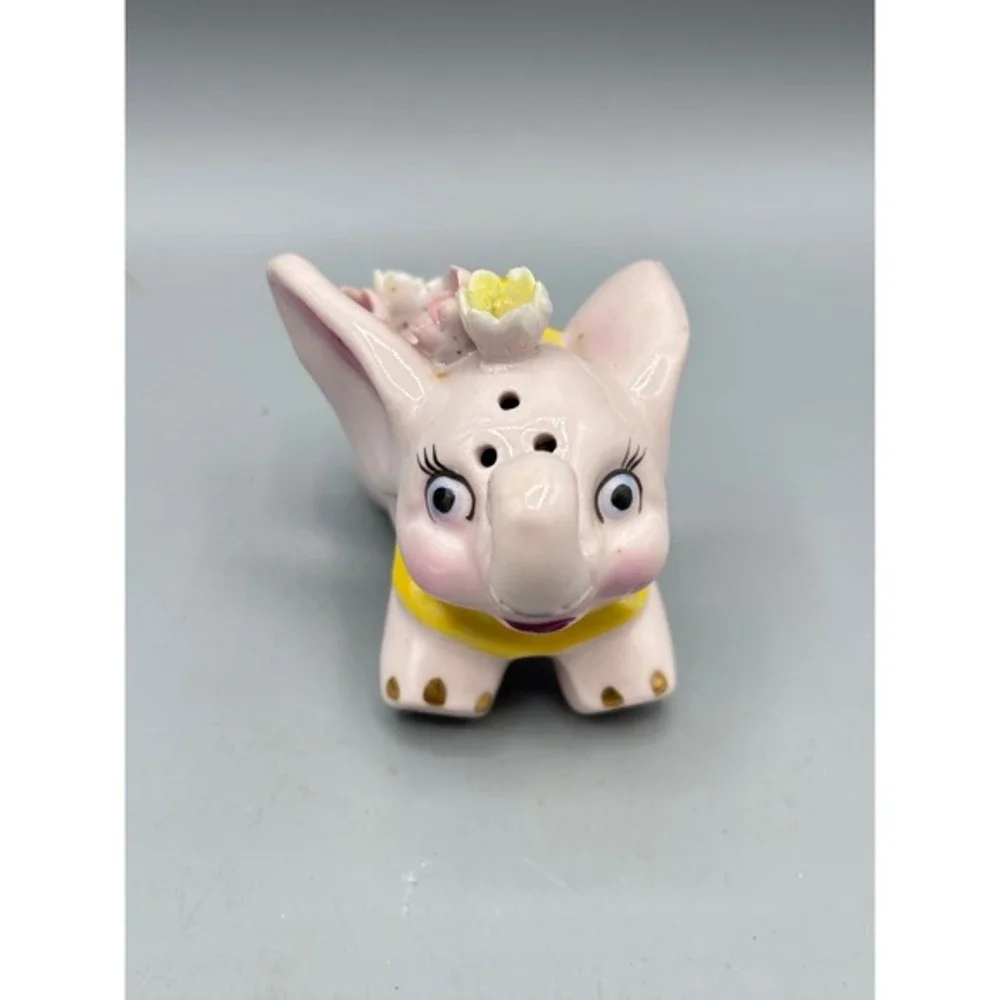 Vtg Pink Elephant Figurine‎ Floral Accent Hand Painted Ceramic Salt Shaker